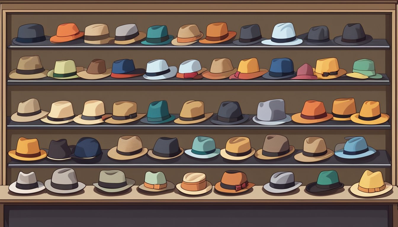 A display of various hats arranged neatly on shelves in a boutique in Singapore, with a sign indicating "Choosing the Right Hat for Every Occasion"