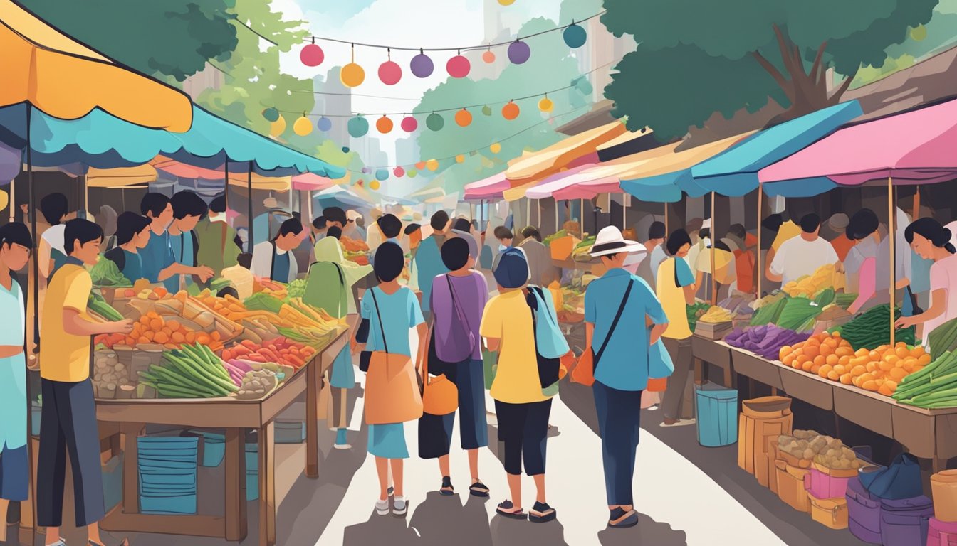 A bustling street market in Singapore, with colorful hat vendors and curious shoppers browsing the wide selection