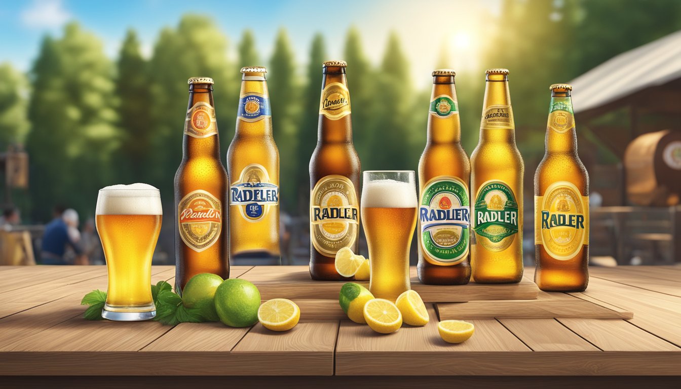 Bottles and glasses of various radler beer brands arranged on a rustic wooden table with a backdrop of a sunny outdoor beer garden