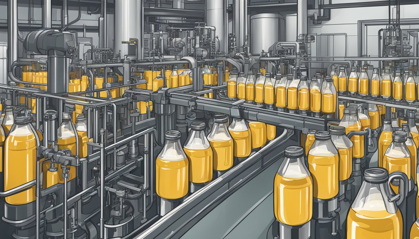 Machinery fills bottles with Radler beer. Ingredients and equipment line the production floor