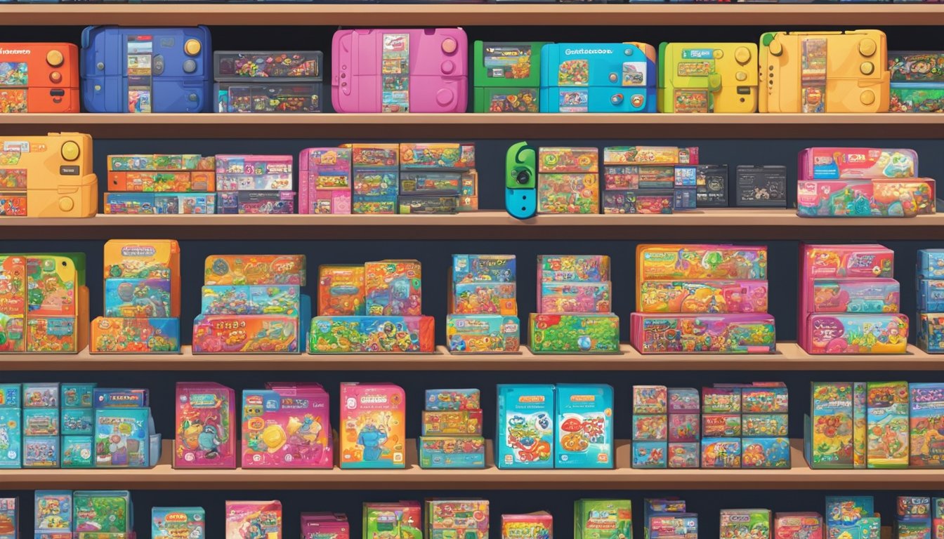 A bustling electronic store in Singapore showcases a wide array of Nintendo Switch games on neatly organized shelves, with vibrant game covers catching the eye of passing shoppers
