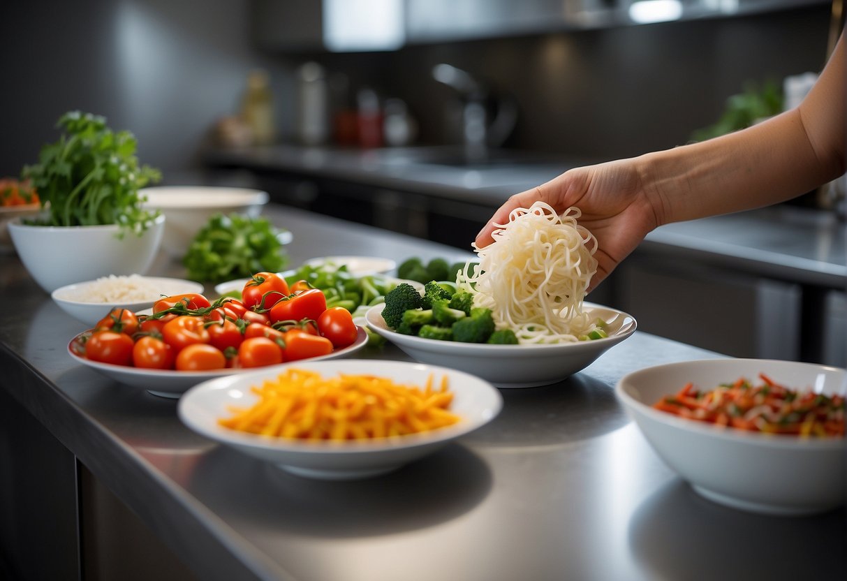 A hand reaching for fresh vegetables, a bowl of spicy noodles, and rice paper wrappers on a clean kitchen counter
