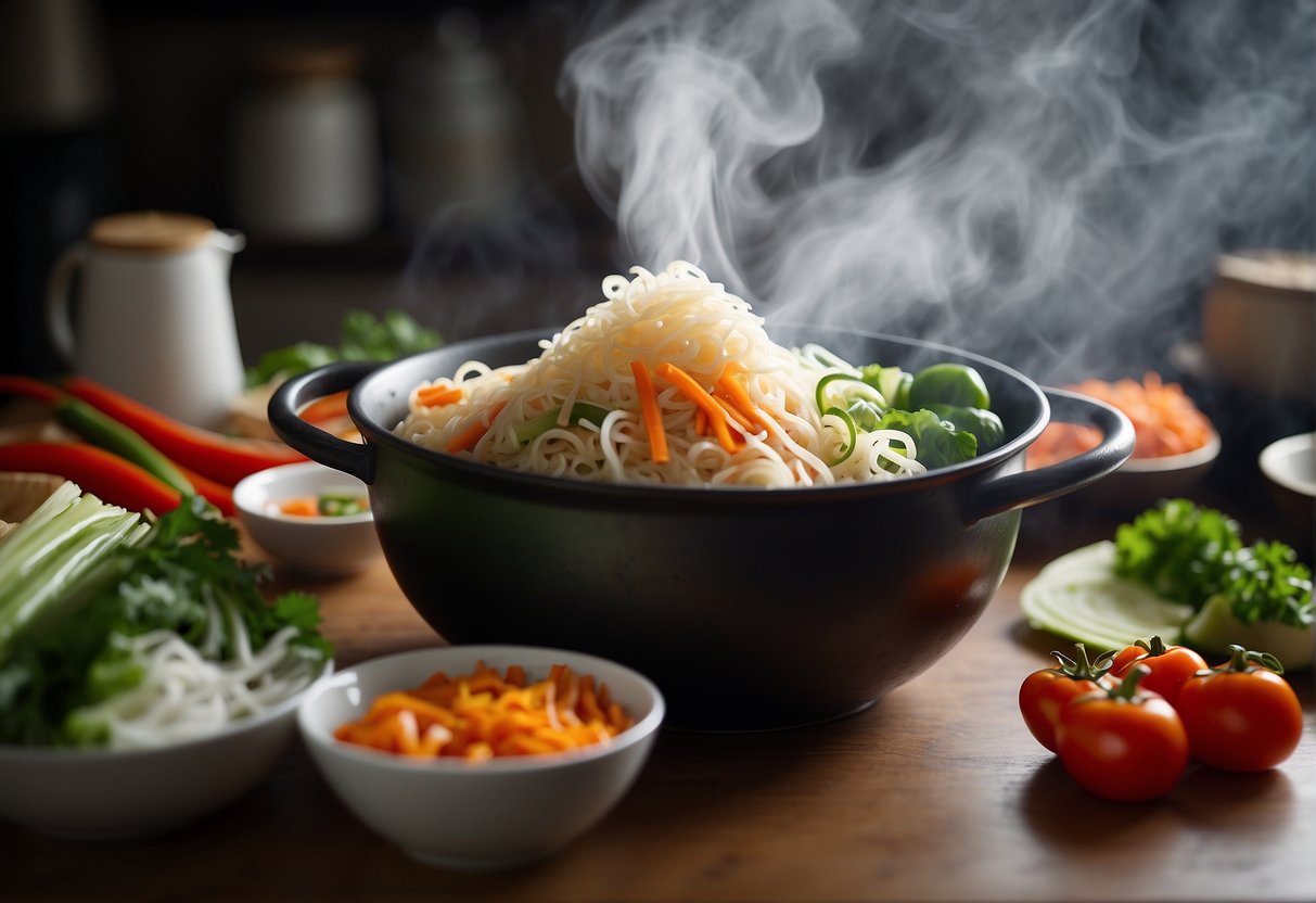 A steaming pot of spicy noodles, fresh vegetables, and rice paper wrappers laid out on a clean surface, ready to be assembled into flavorful spring rolls