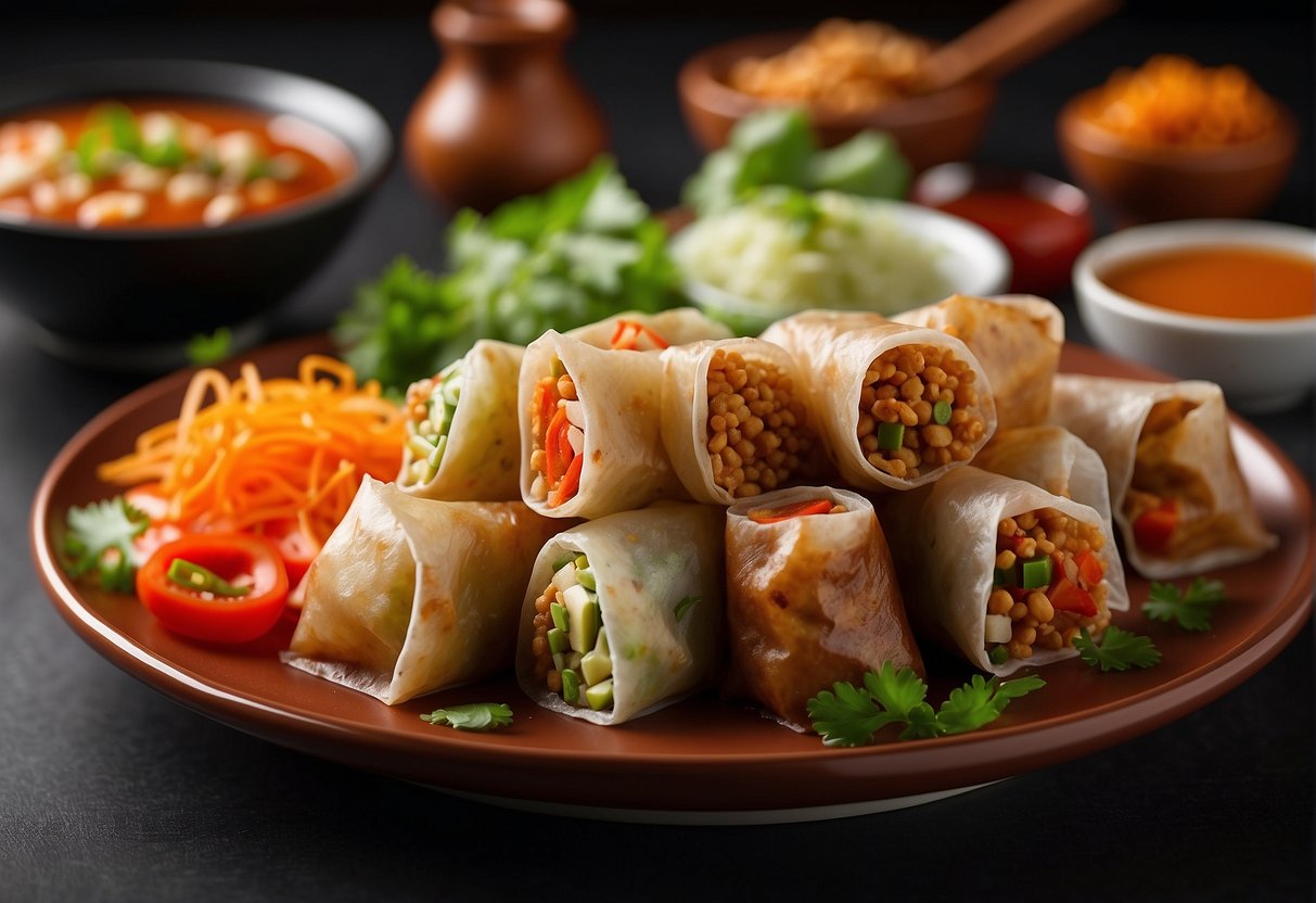 A colorful array of dipping sauces and flavor enhancers arranged around a plate of spicy noodle spring rolls