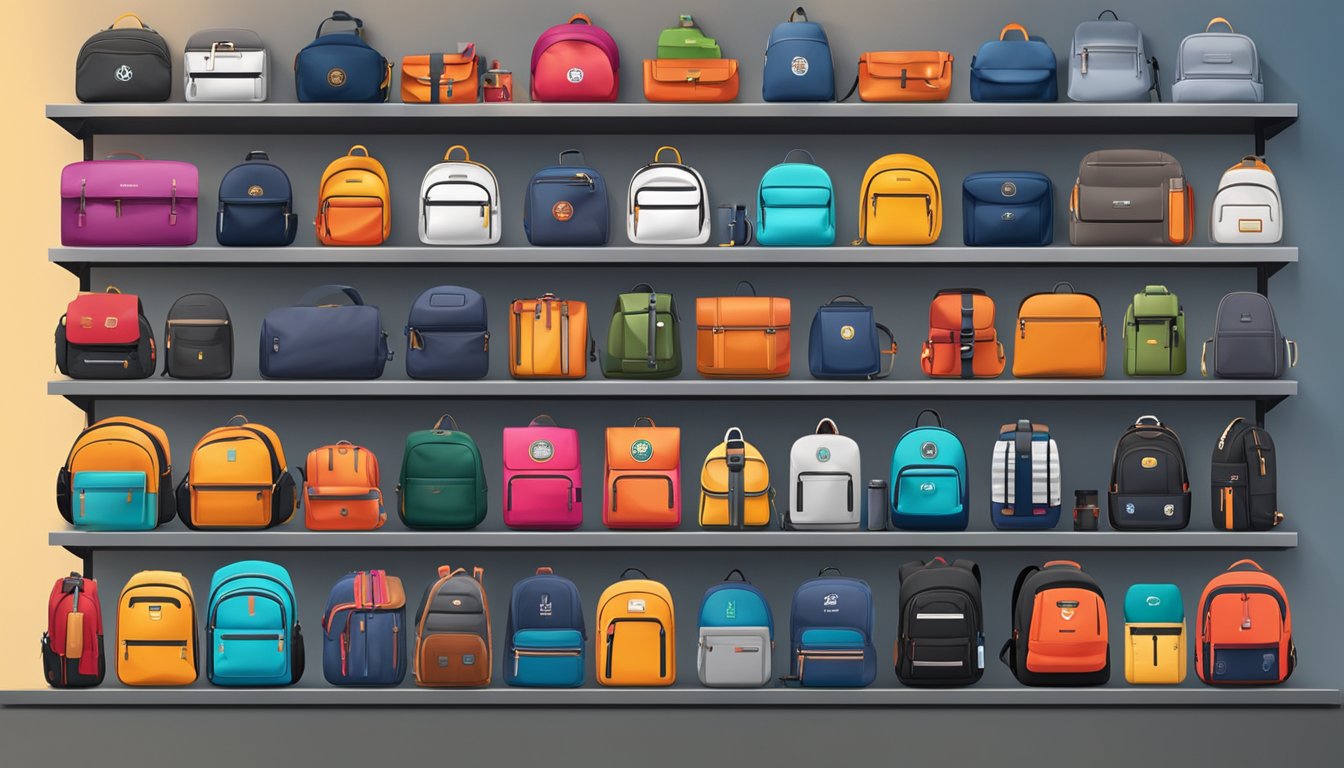 A display of top backpack brands on shelves with logos and various styles. Bright lighting and clean, organized shelves