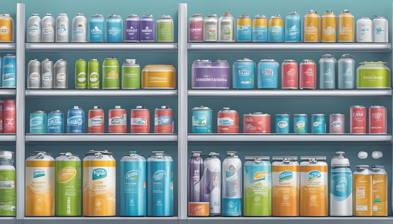 Multiple refrigeration compressor brands displayed on shelves in a well-lit showroom