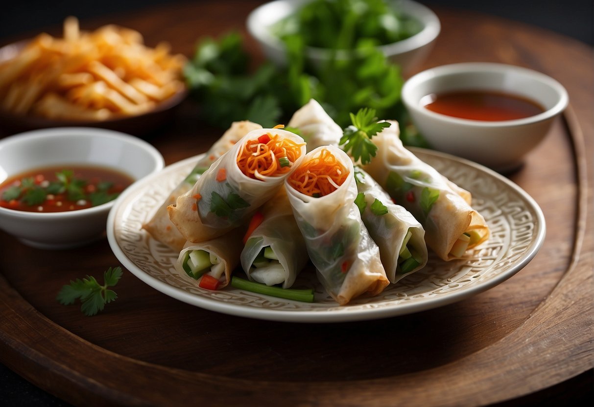 A platter of spicy noodle spring rolls is being presented with a side of dipping sauce, garnished with fresh herbs and chili peppers