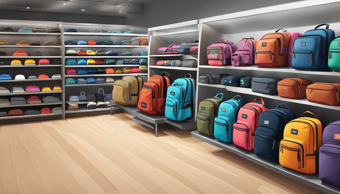 A variety of top backpack brands displayed on shelves, with logos and designs visible. Outdoor and urban styles showcased