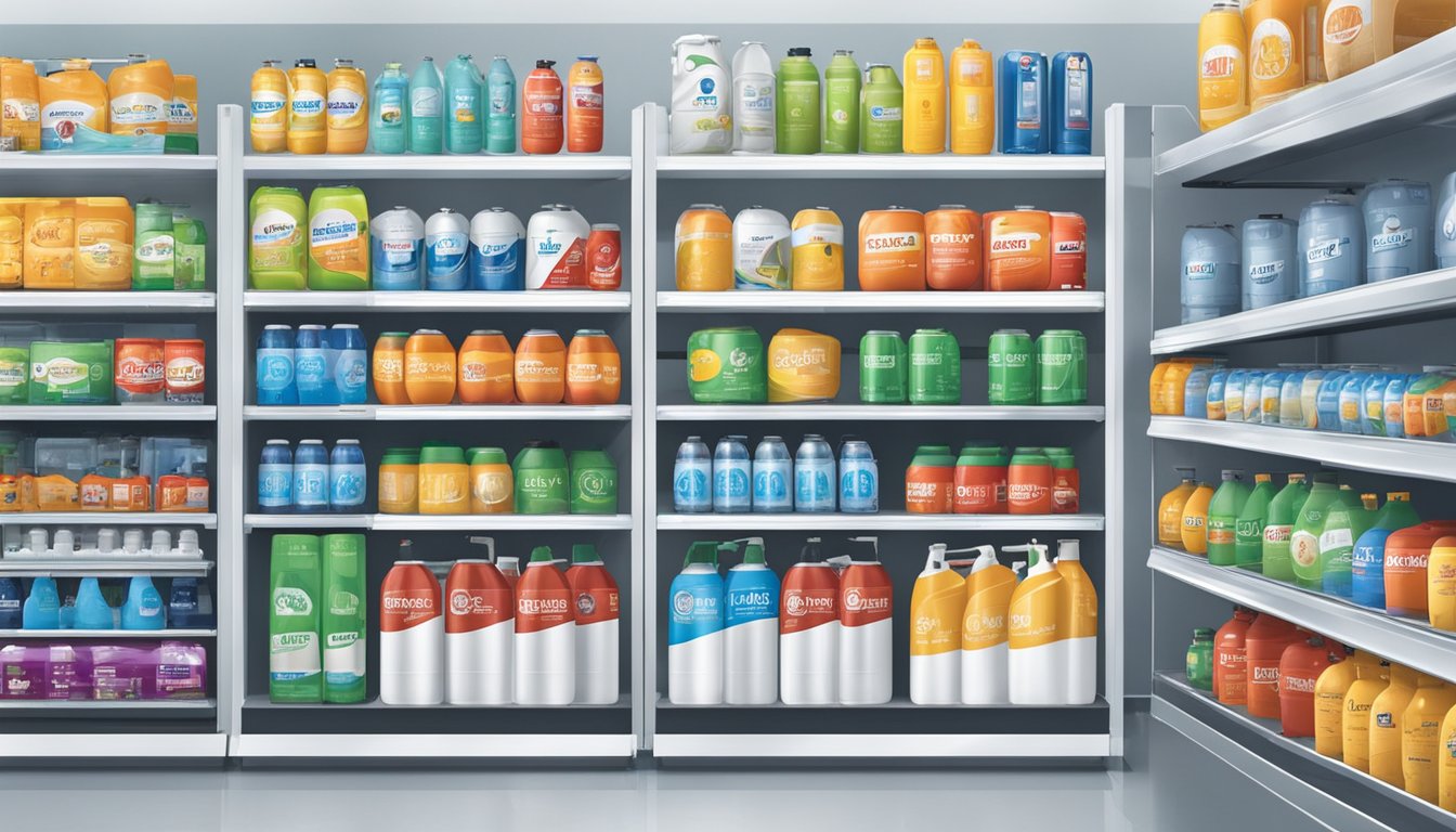 Various refrigeration compressor brands displayed on shelves in a well-lit showroom. Brand logos and product features are clearly visible