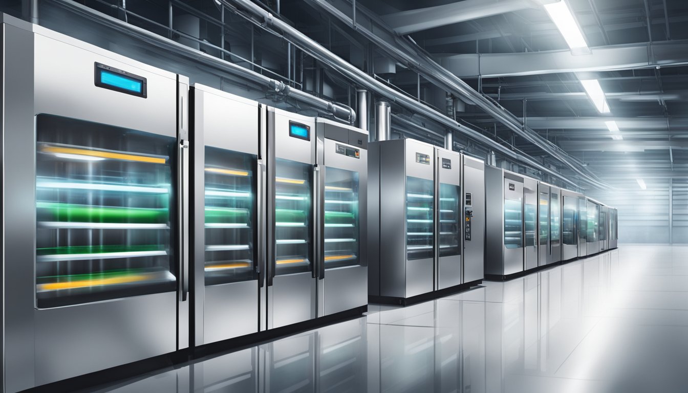 A row of sleek, modern refrigeration compressors hums in perfect synchronization, their polished surfaces gleaming under the bright lights of the industrial facility