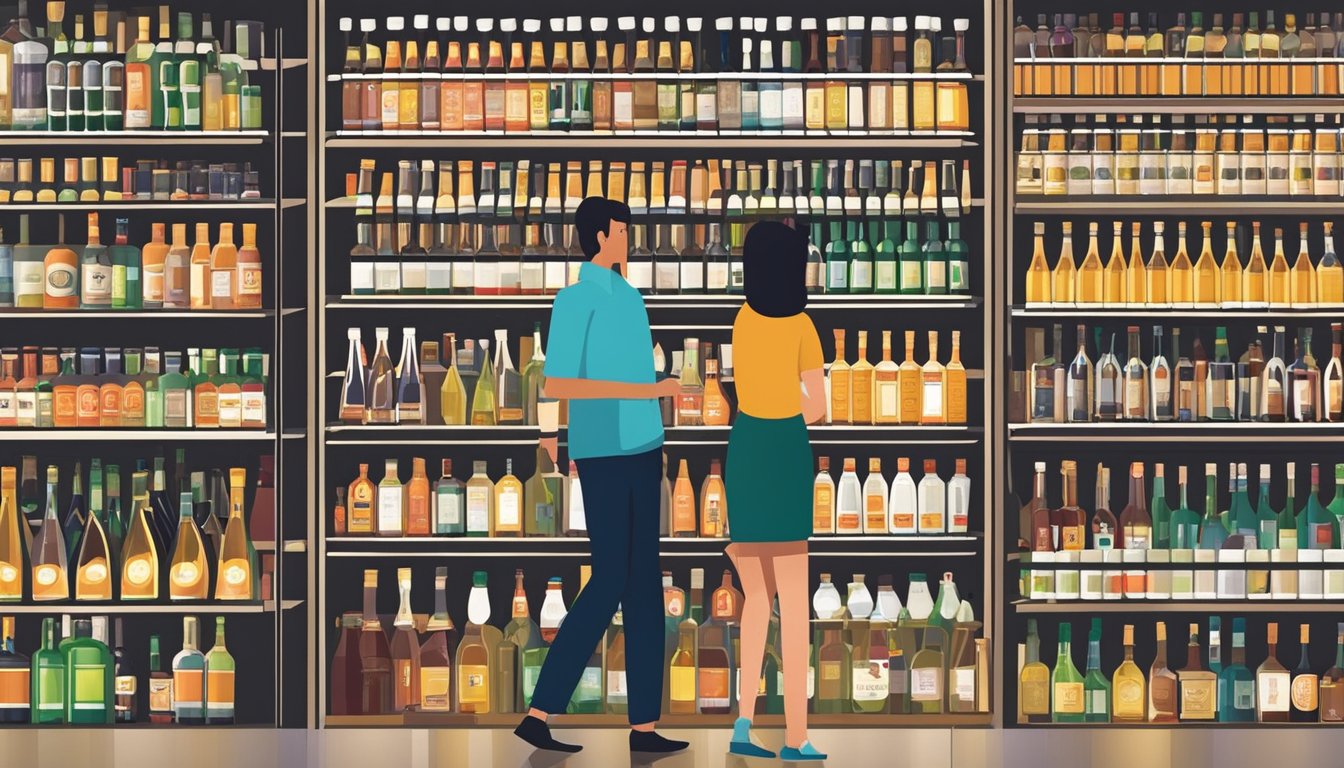 People exploring shelves of various alcohol bottles in a Singapore liquor store