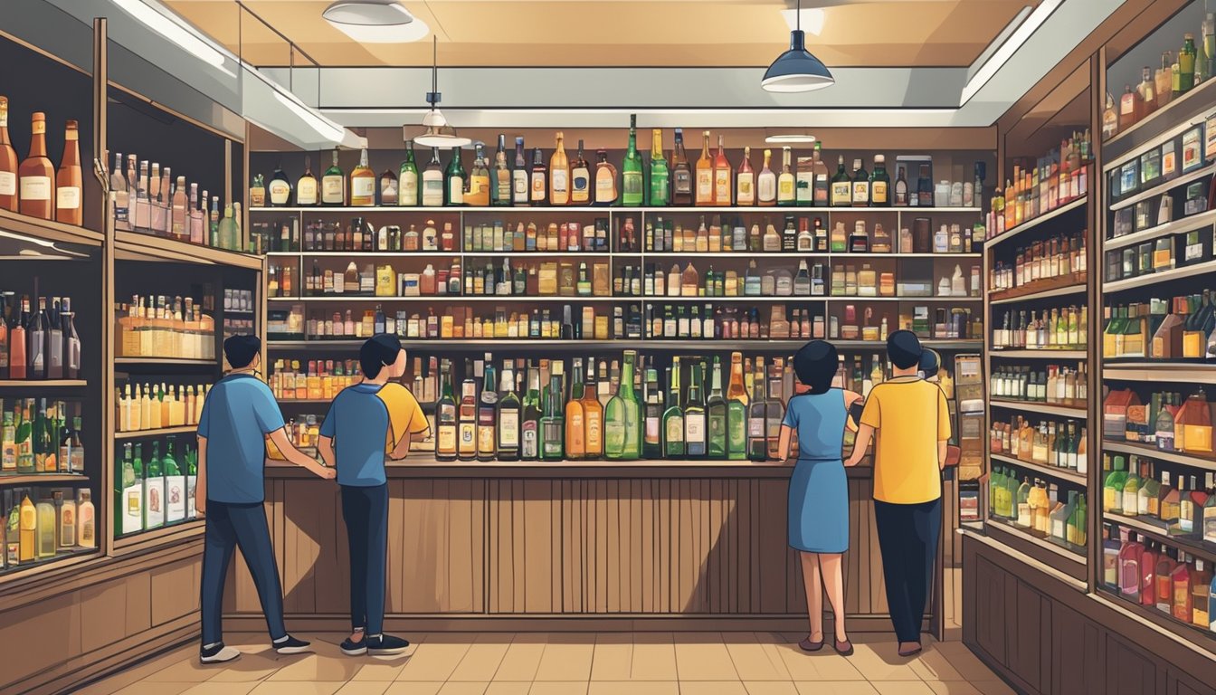 A bustling liquor store in Singapore displays shelves of various alcoholic beverages, with customers browsing and purchasing their selections