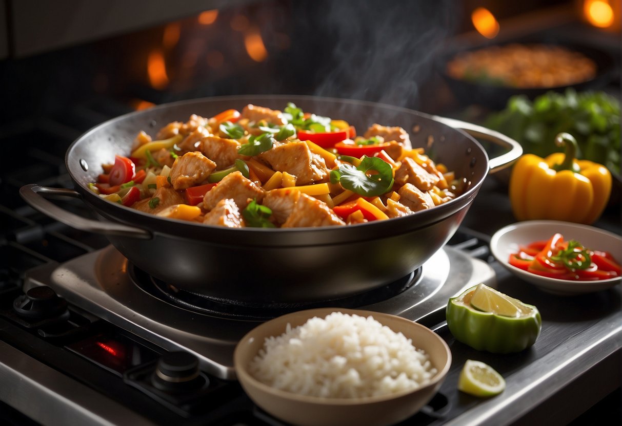 A wok sizzles with diced chicken, onions, and bell peppers in a fragrant curry sauce, simmering on a stovetop. A bowl of steamed rice sits nearby
