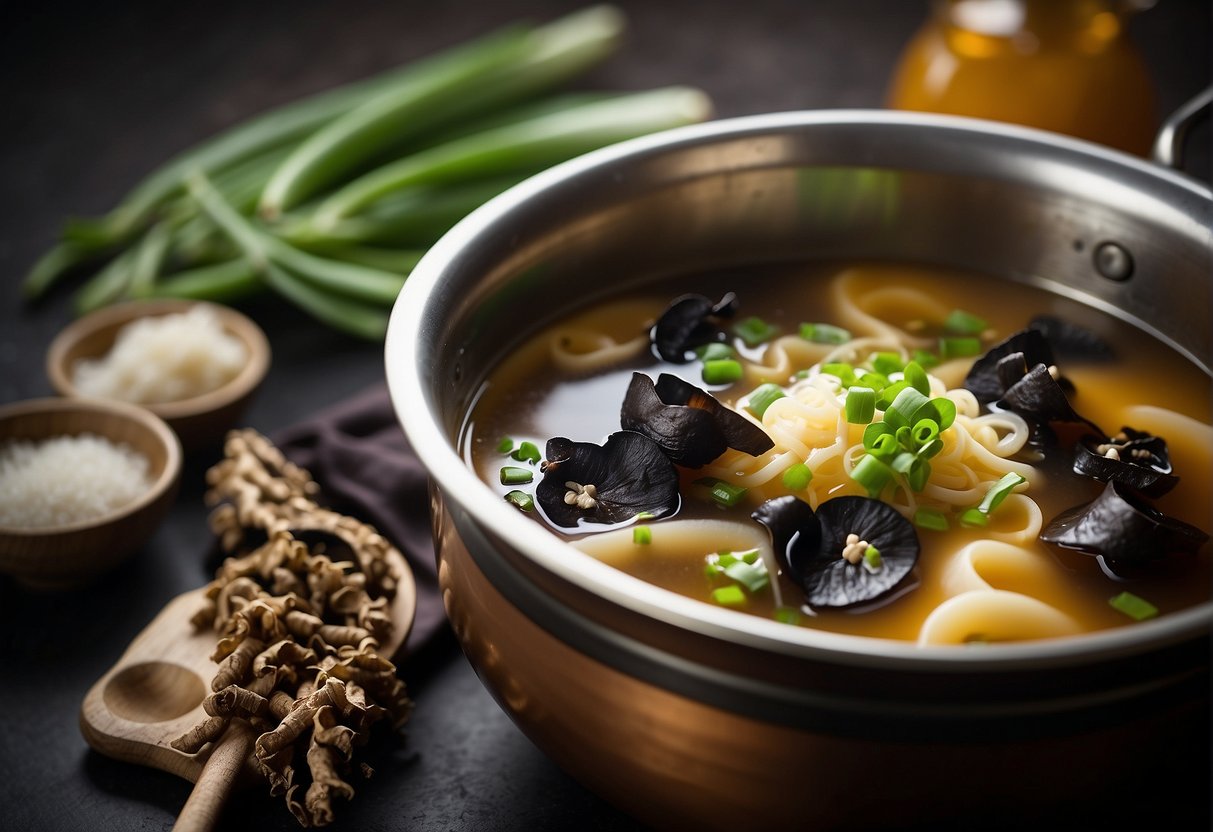 A pot of simmering broth with sliced black fungus, ginger, and green onions. A ladle rests on the side, steam rising from the fragrant soup