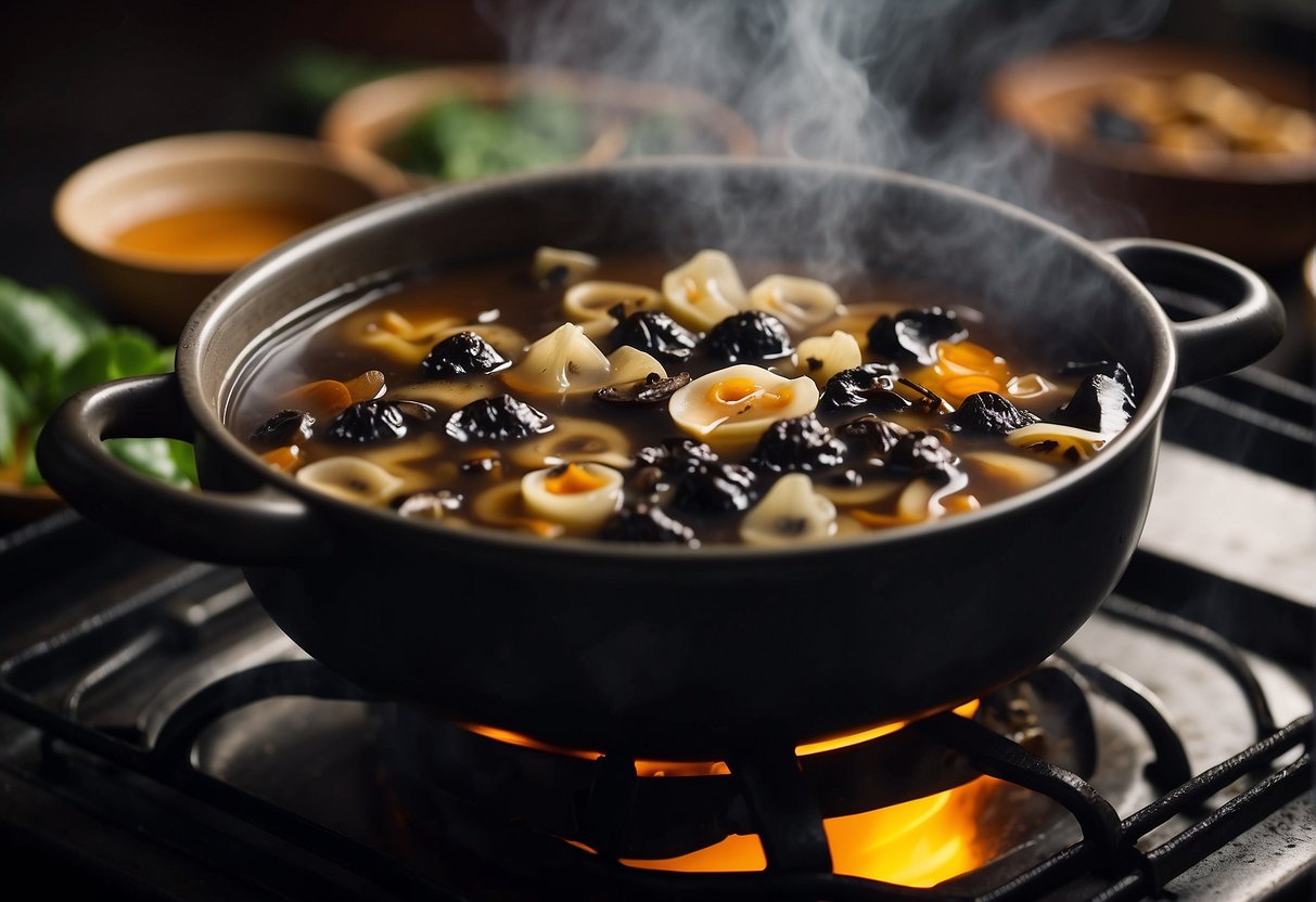 A steaming pot of Chinese black fungus soup simmers on a stove, filled with rich broth and delicate slices of rehydrated fungus