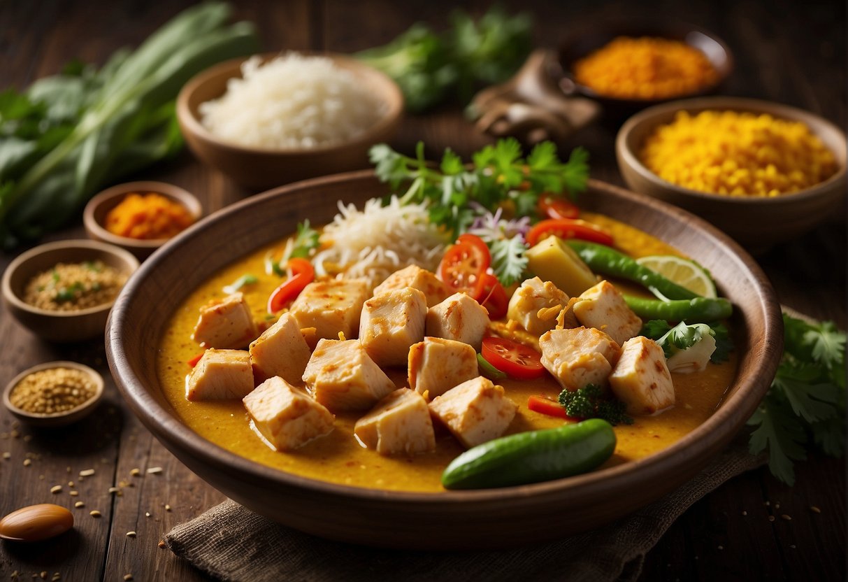 A table with ingredients: chicken, curry paste, coconut milk, vegetables. Substitution options: tofu, shrimp, different vegetables, or curry powder