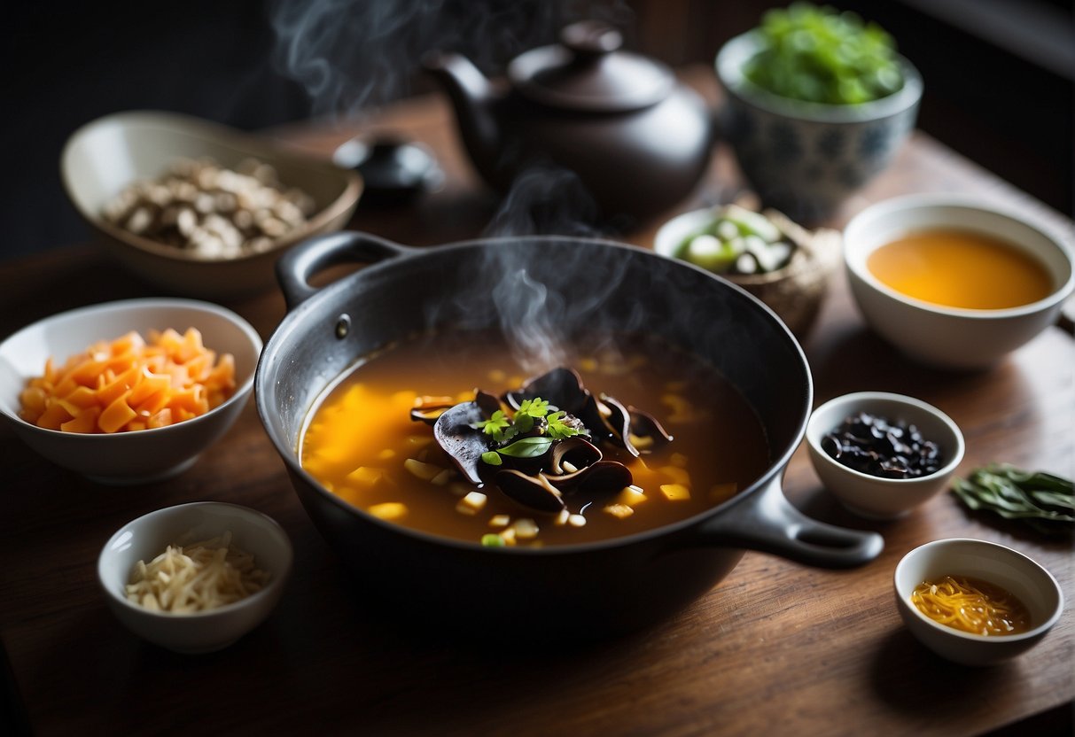 A pot simmering on a stove with Chinese black fungus, ginger, and broth. Bowls and spoons laid out on a table nearby