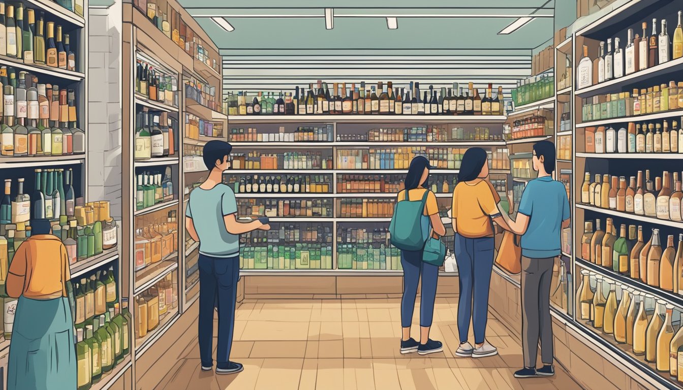 Customers browsing alcohol options in a well-lit store, with shelves neatly stacked and labeled "Frequently Asked Questions buy alcohol singapore."