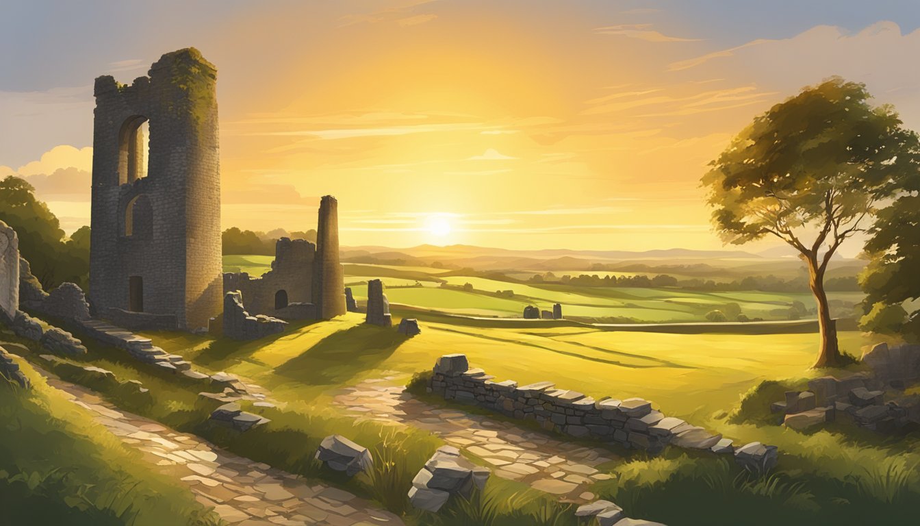 The sun sets over the ancient ruins of County Westmeath, casting a golden glow on the historic landmarks and artistic treasures scattered throughout the landscape