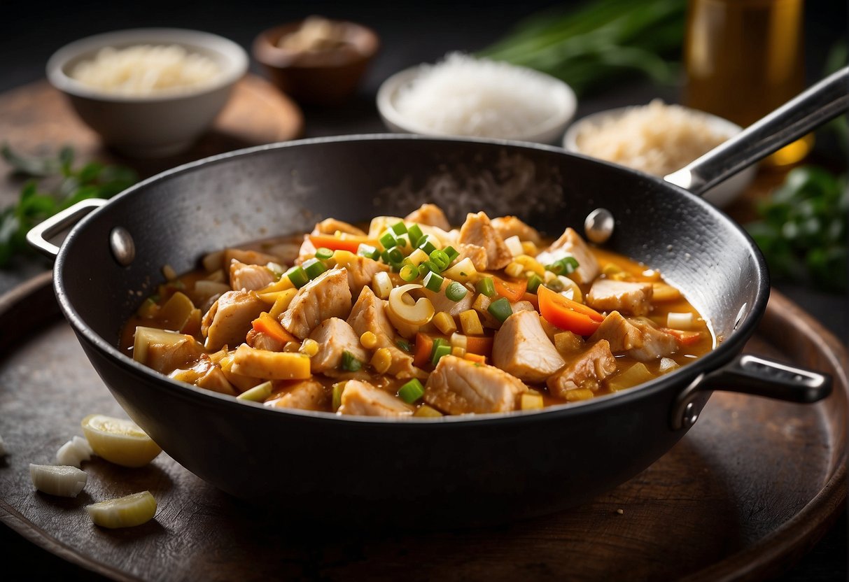 A wok sizzles with diced chicken, onions, and garlic. A spoon adds curry powder, soy sauce, and coconut milk