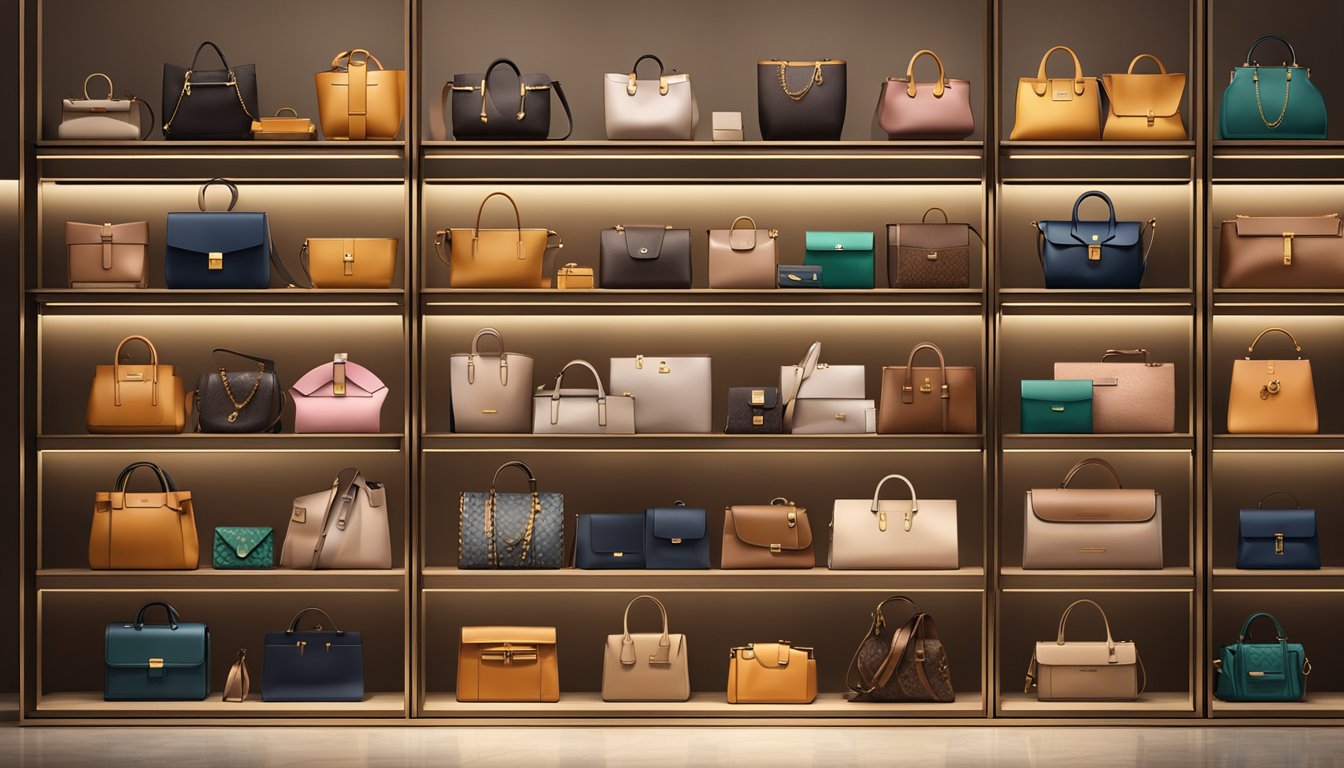 A display of luxury branded bags, arranged neatly on shelves, with soft lighting highlighting their exquisite designs and craftsmanship