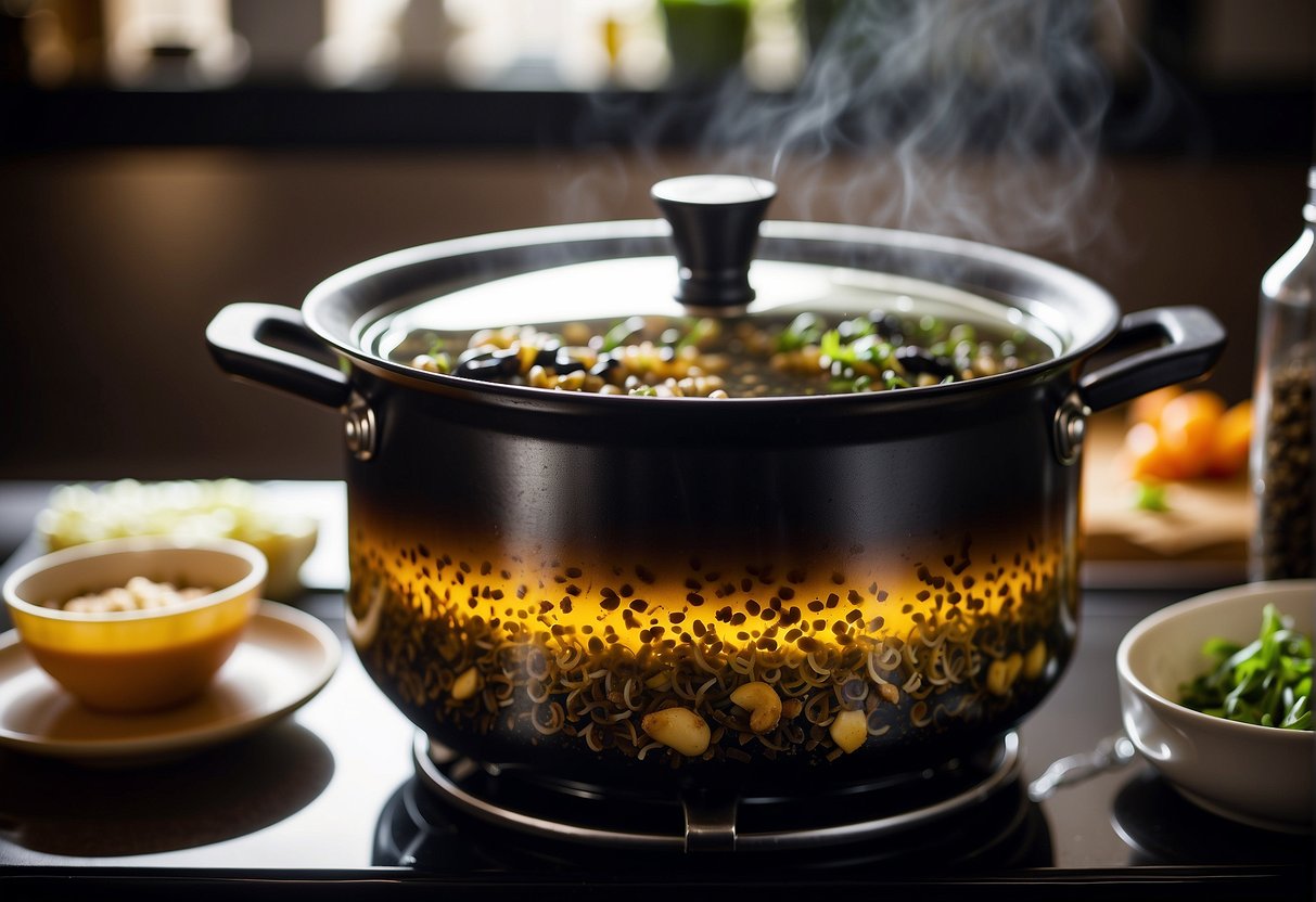A pot simmers on a stove, filled with broth, sliced black fungus, and various seasonings. Steam rises as the soup cooks, filling the air with its savory aroma