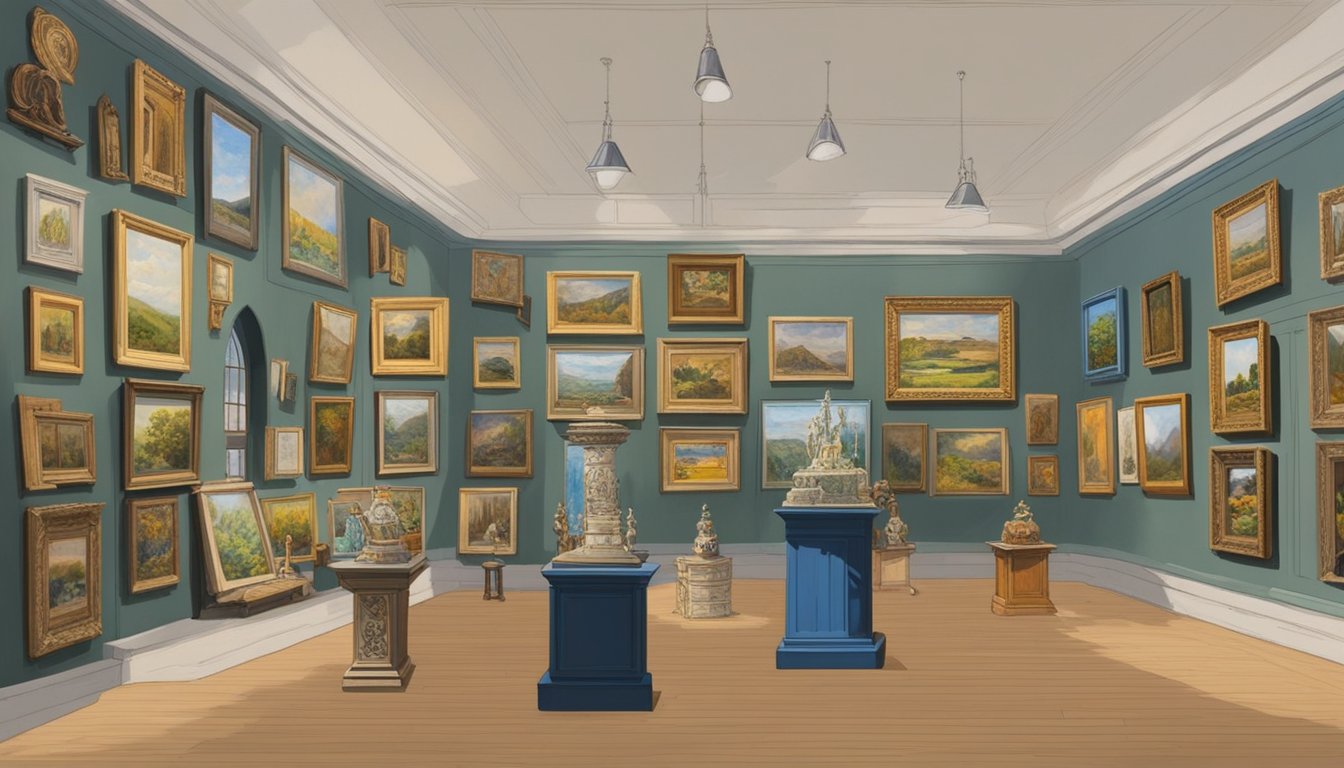 A vibrant exhibition showcases the artistic heritage of County Westmeath, featuring colorful paintings, intricate sculptures, and historic artifacts. The gallery is filled with enthusiastic visitors admiring the diverse collection