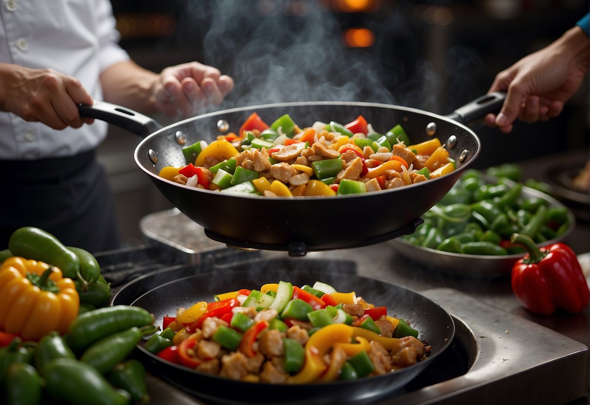 A wok sizzles with diced chicken, onions, and garlic in fragrant curry sauce, while a chef tosses in colorful bell peppers and snow peas