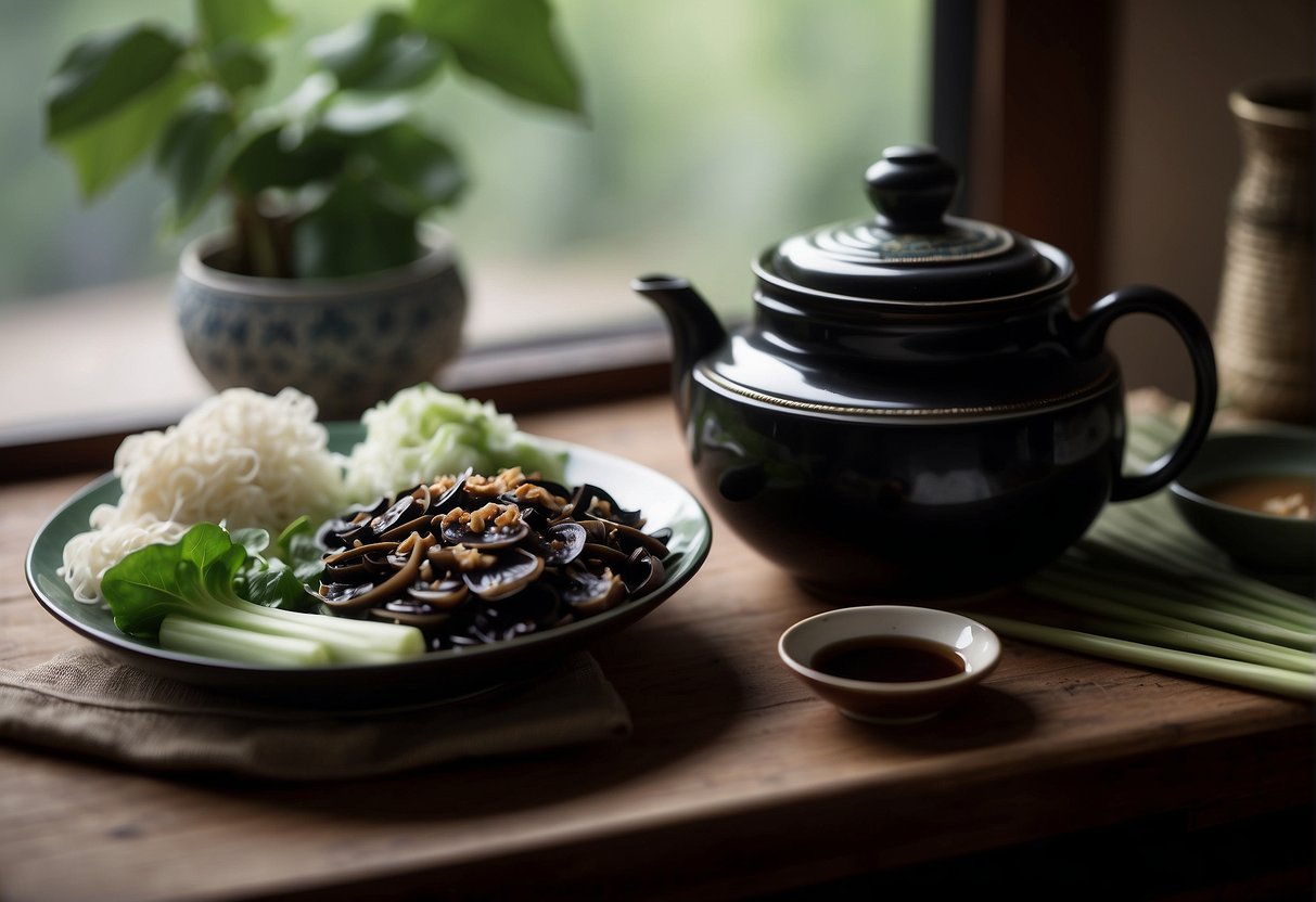 A steaming bowl of Chinese black fungus soup sits next to a plate of steamed bok choy and a pot of fragrant jasmine tea. The table is adorned with chopsticks and a delicate silk table runner