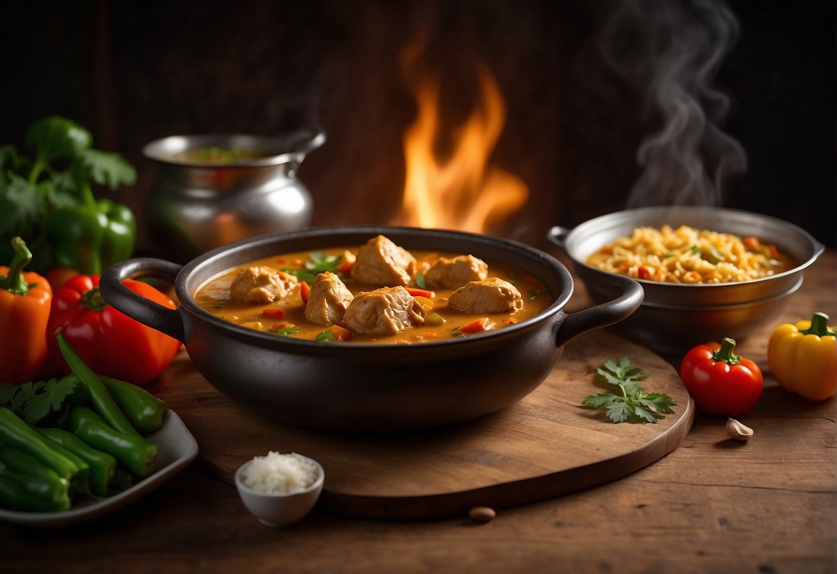 A steaming pot of Chinese chicken curry sits on a wooden table, surrounded by vibrant ingredients like ginger, garlic, and bell peppers. A pair of chopsticks rests on a nearby plate, ready for serving