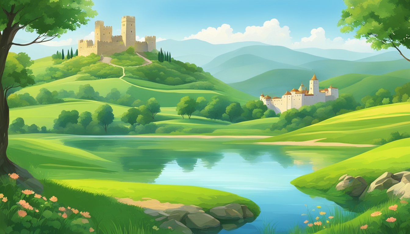 Rolling green hills, dotted with ancient castles and monastic ruins. A tranquil lake reflects the vibrant colors of the surrounding landscape