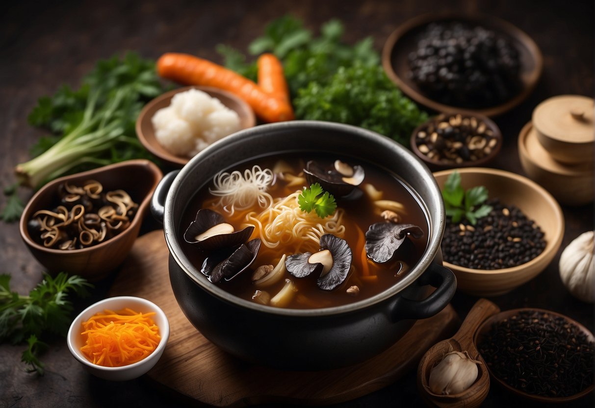 A steaming pot of Chinese black fungus soup surrounded by various fresh ingredients and traditional Chinese herbs, emitting a savory and aromatic fragrance