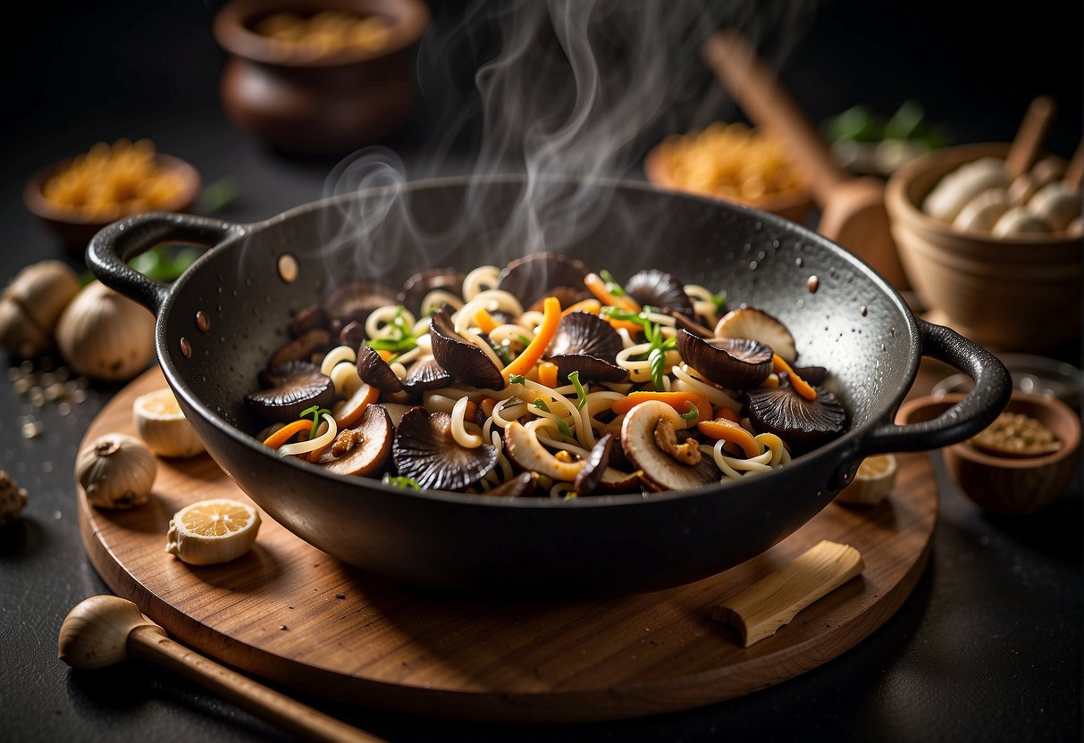 A wok sizzles with sliced ginger and garlic, as dried Chinese black mushrooms soak in hot water. Soy sauce and sugar sit nearby