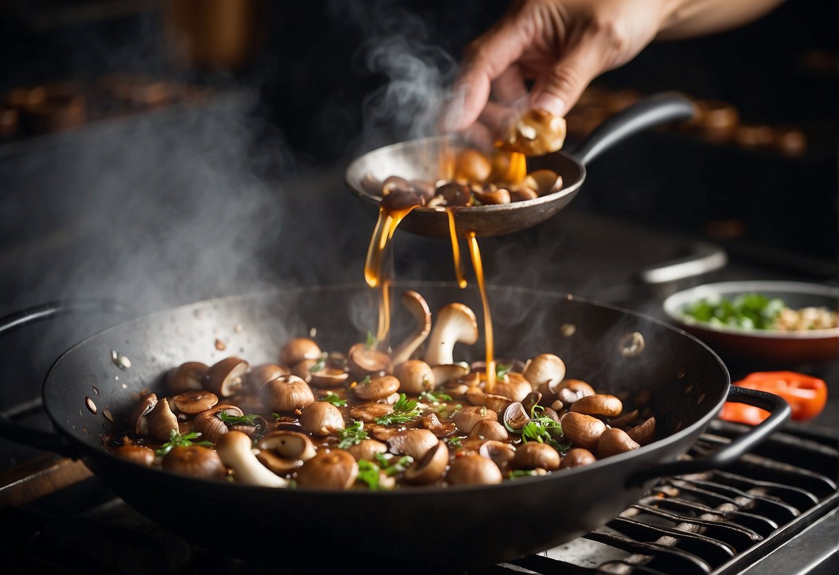 Sizzling mushrooms in a hot wok, tossing with soy sauce and ginger, steam rising