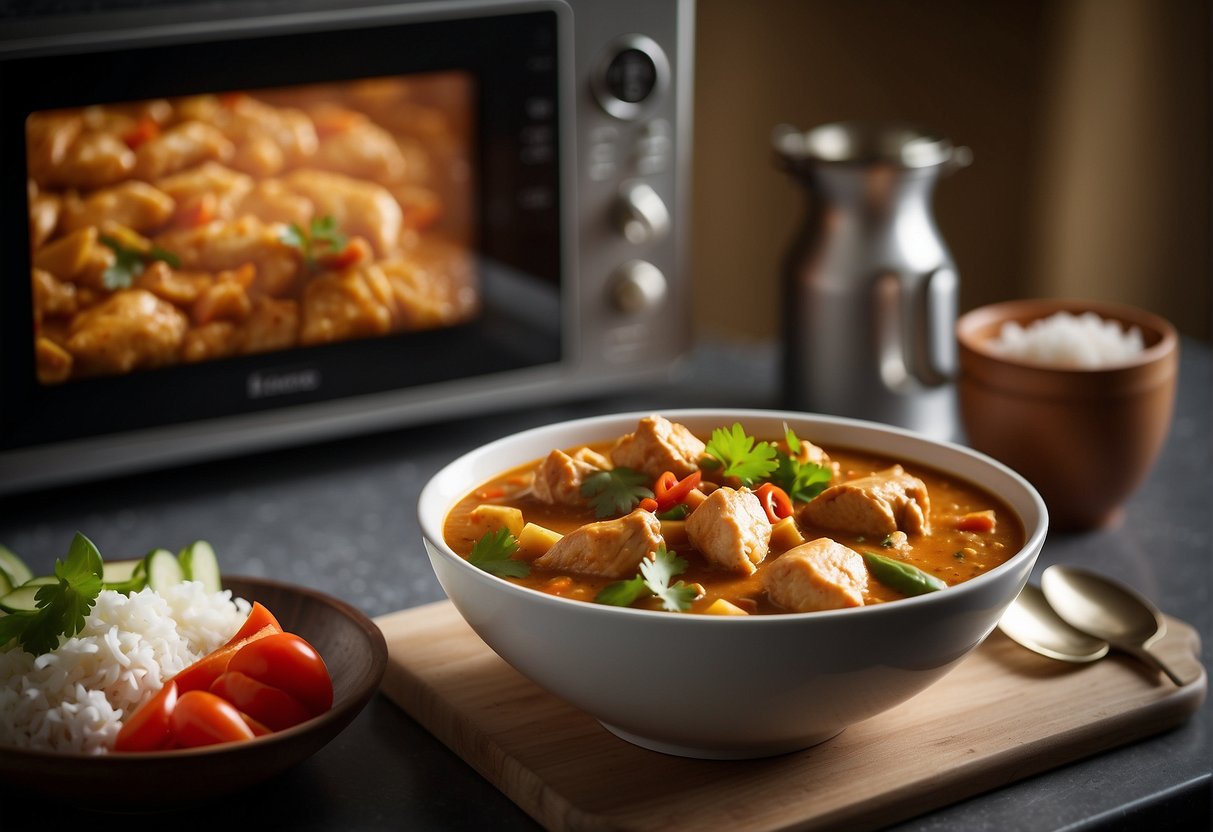 A steaming bowl of Chinese chicken curry sits on a kitchen counter next to a microwave, with ingredients and utensils neatly arranged nearby