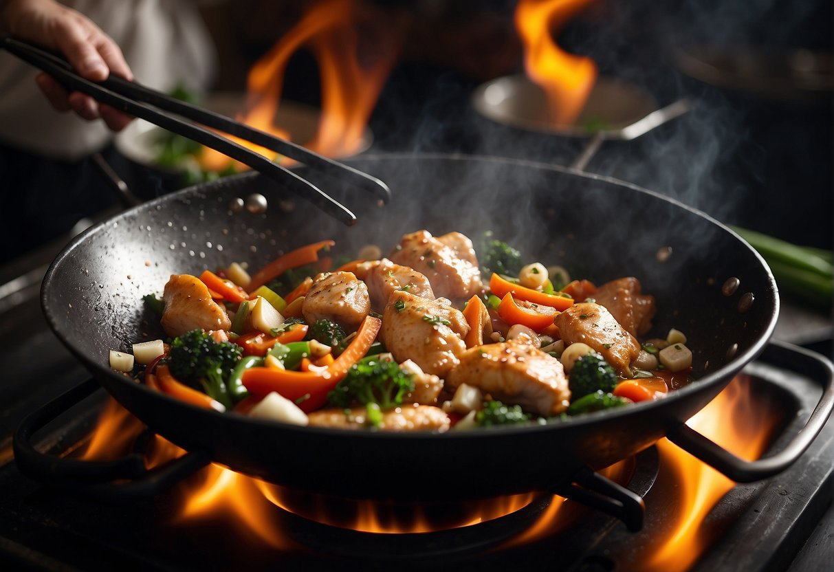 A wok sizzling with chicken, vegetables, and aromatic spices. A chef's hand adding a splash of soy sauce. Steam rising