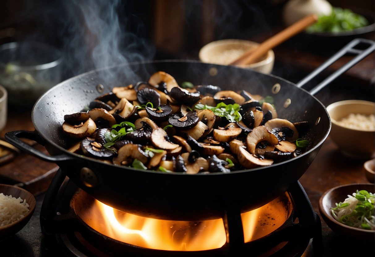 A wok sizzles with sliced Chinese black mushrooms, garlic, and ginger in fragrant sesame oil, as soy sauce and rice wine are added for a savory umami flavor