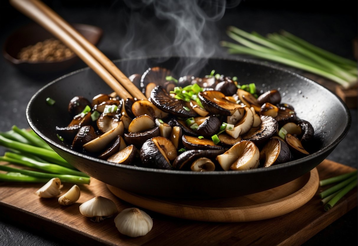 A wok sizzles with sautéed garlic, ginger, and sliced Chinese black mushrooms. A splash of soy sauce and a sprinkle of green onions add the finishing touch