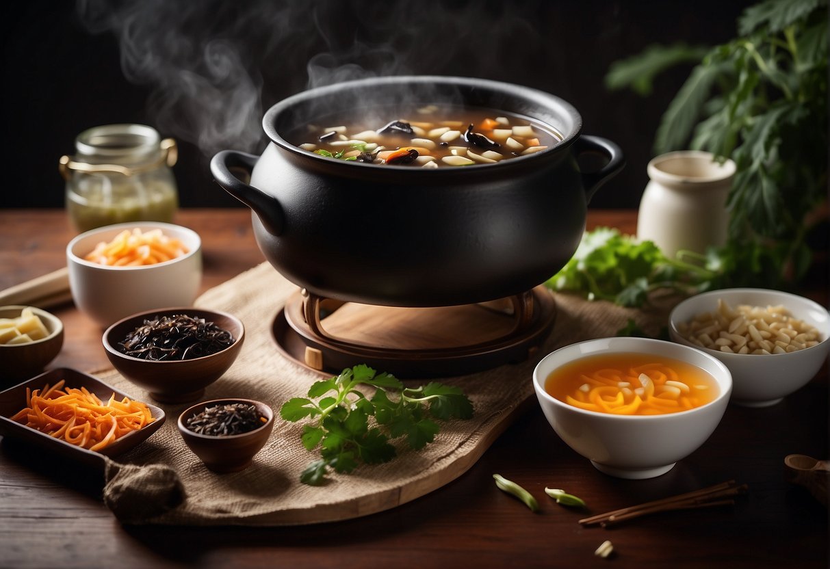 A steaming pot of Chinese black fungus soup surrounded by various ingredients and a recipe book open to the "Frequently Asked Questions" section