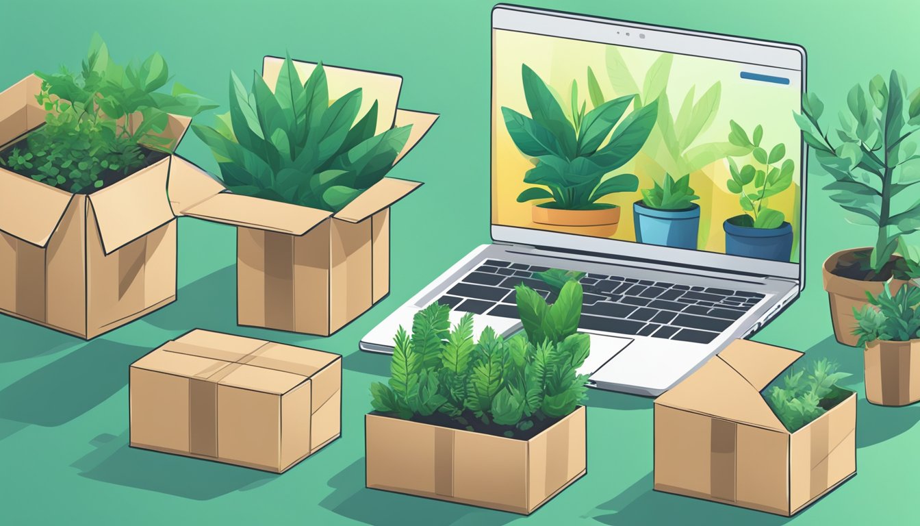 Laptop open, a person clicks "add to cart" for a variety of plants on a website. Delivery boxes stack in the background