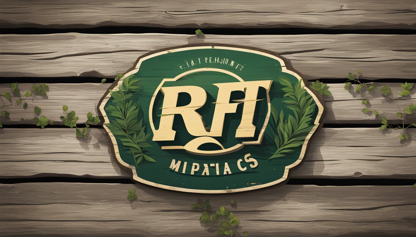 A vintage RF logo displayed on a weathered wooden sign, surrounded by lush greenery and a rustic, industrial backdrop