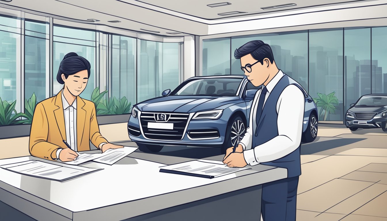 A person signing a purchase agreement at a car dealership in Singapore. The salesperson handing over the keys and paperwork. The car parked in the showroom