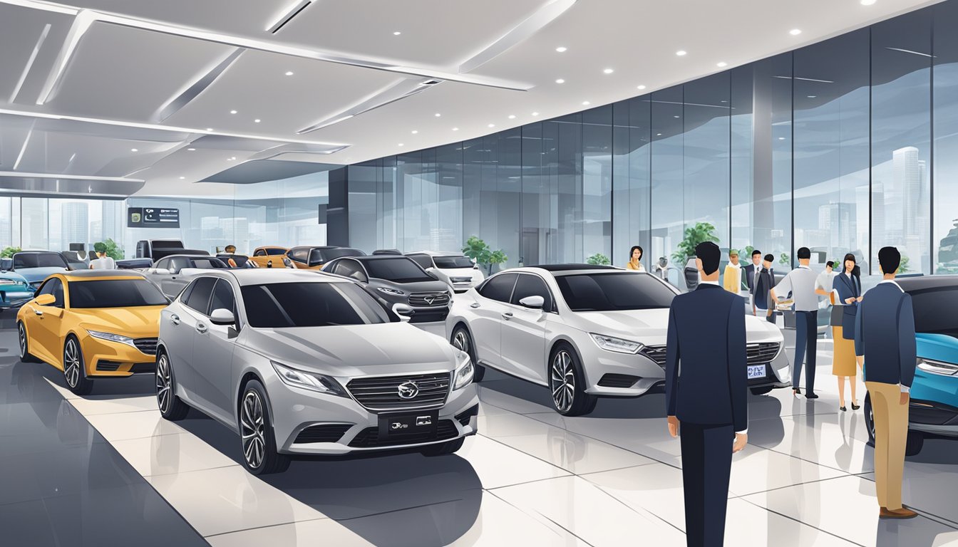 A bustling car dealership in Singapore, with sleek vehicles on display and sales staff assisting customers. The showroom is filled with the latest models, and a digital screen showcases promotions and financing options