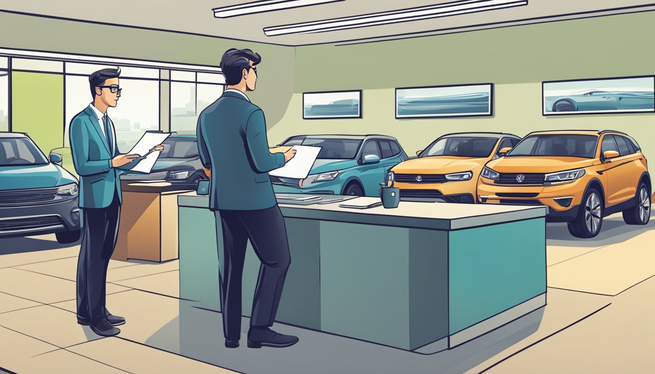 A customer browsing cars at a dealership, speaking with a salesperson, and signing paperwork at a desk