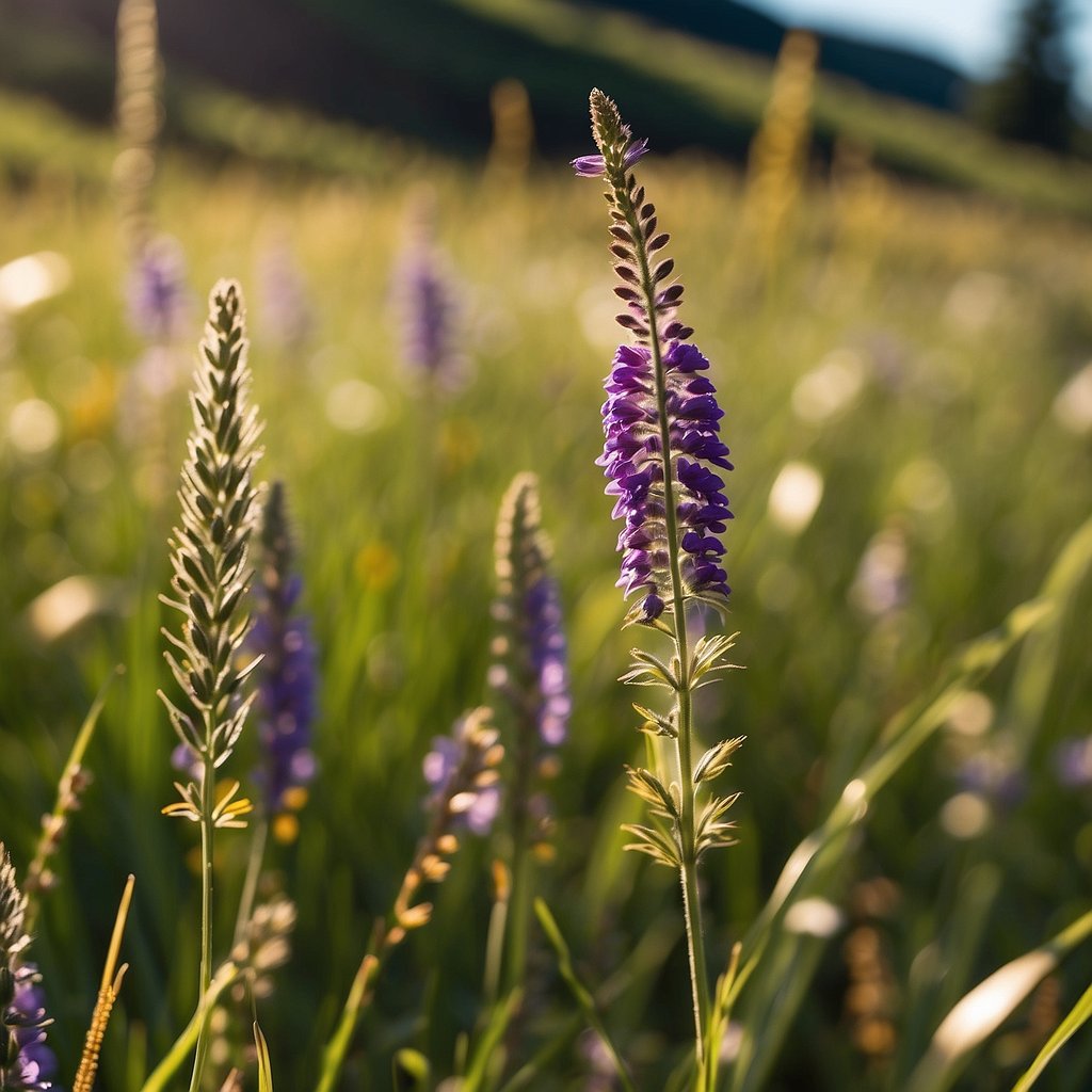 Vibrant wildflowers carpeting a lush Washington state meadow. Tall grasses sway in the gentle breeze, while colorful blooms dance in the sunlight