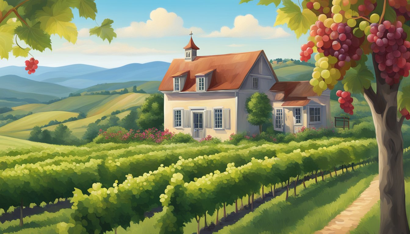 The Rubine brand origin: A lush vineyard with vibrant red grapes growing under a clear blue sky, surrounded by rolling hills and a quaint farmhouse in the distance