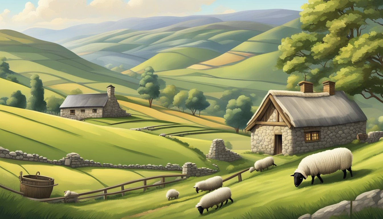 Rolling green hills dotted with sheep, a quaint stone cottage, and a traditional wool processing shed with a large spinning wheel and loom