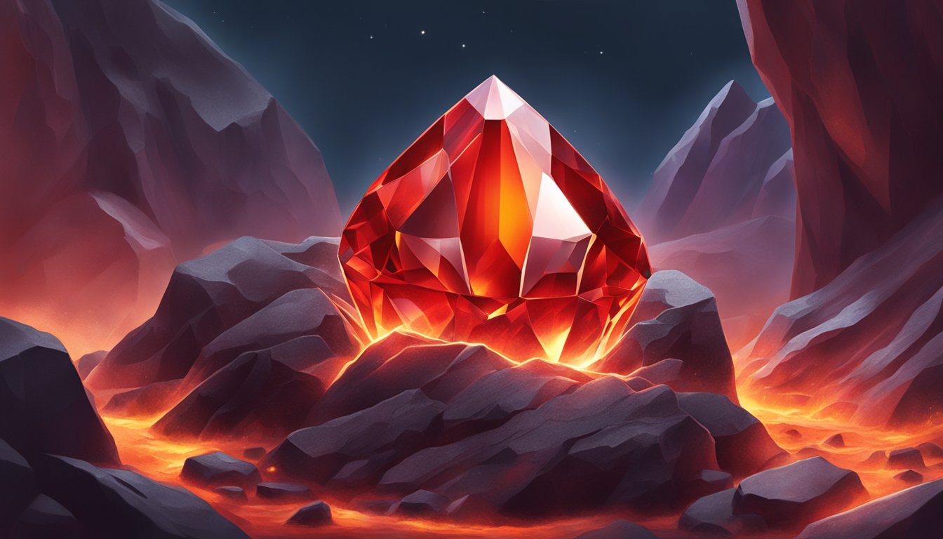 A vibrant red gemstone emerges from molten rock, symbolizing the birth of the Rubine brand
