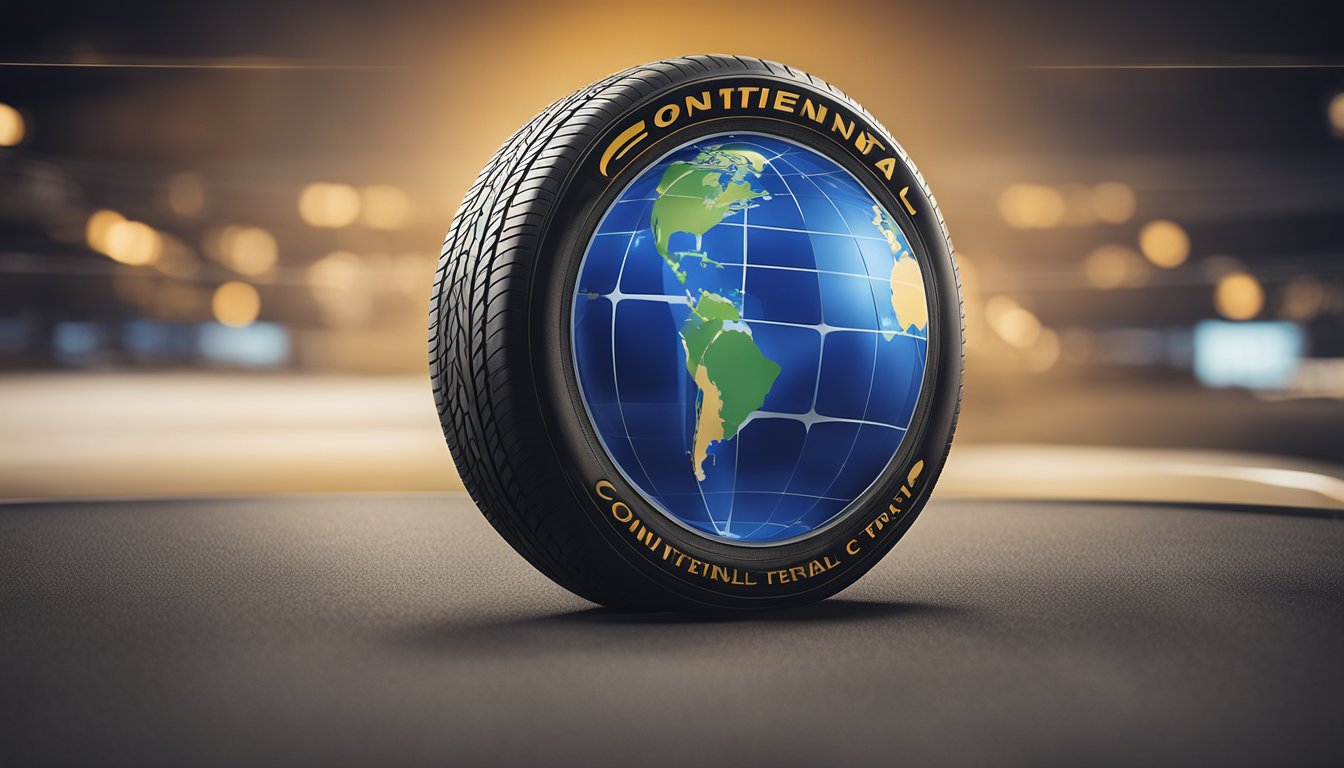 A tire with the Continental logo sits atop a globe, symbolizing the global reach and history of Continental tires