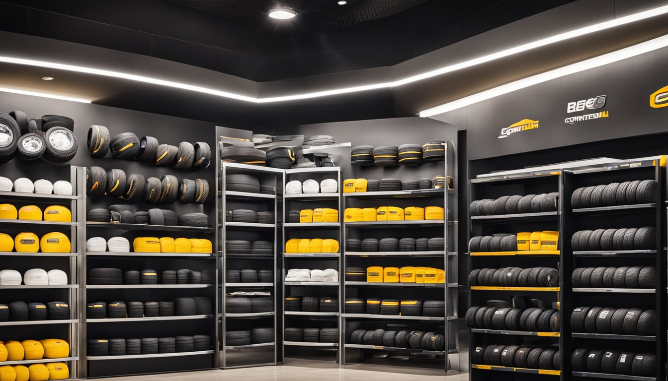 A variety of Continental tire products displayed in a well-lit showroom with vibrant colors and sleek designs